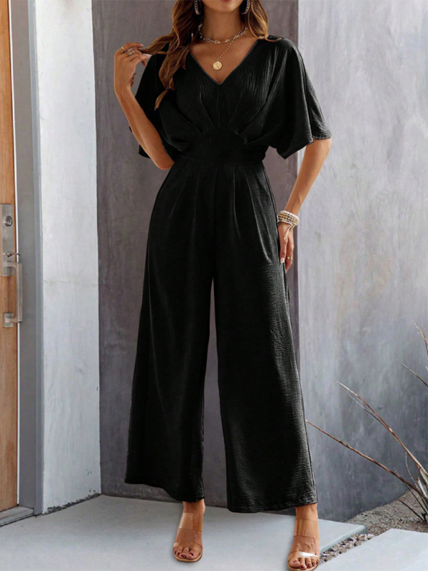 Black wide-leg jumpsuit for women with short sleeves and casual elegant style