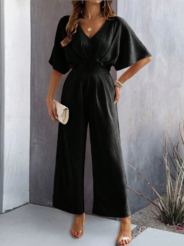 Black wide-leg jumpsuit for women with short sleeves, casual and stylish apparel