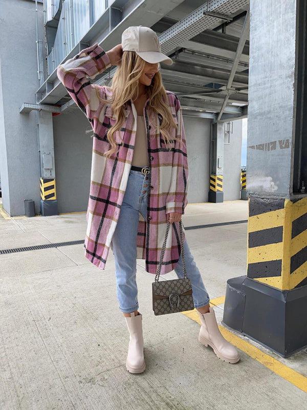 Women’s single-breasted plaid long-sleeved shirt jacket