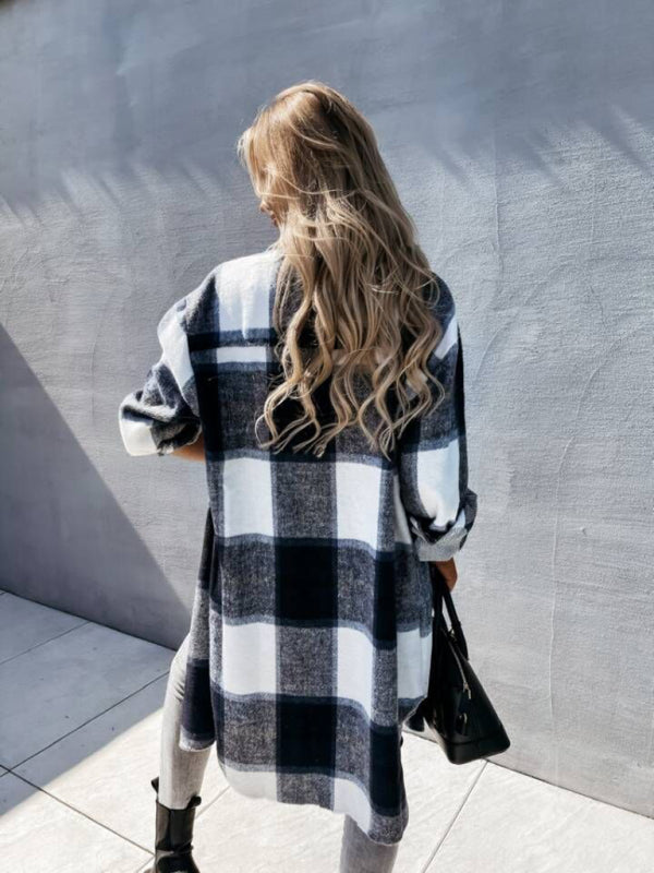 Women’s single-breasted plaid long-sleeved shirt jacket