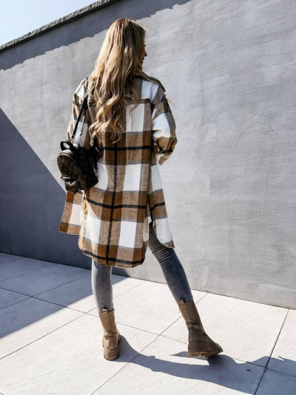 Women’s single-breasted plaid long-sleeved shirt jacket