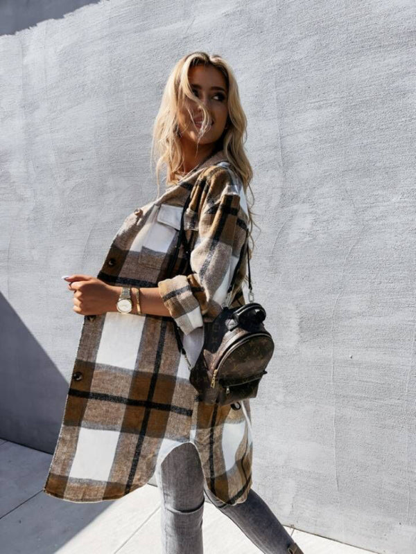 Women’s single-breasted plaid long-sleeved shirt jacket