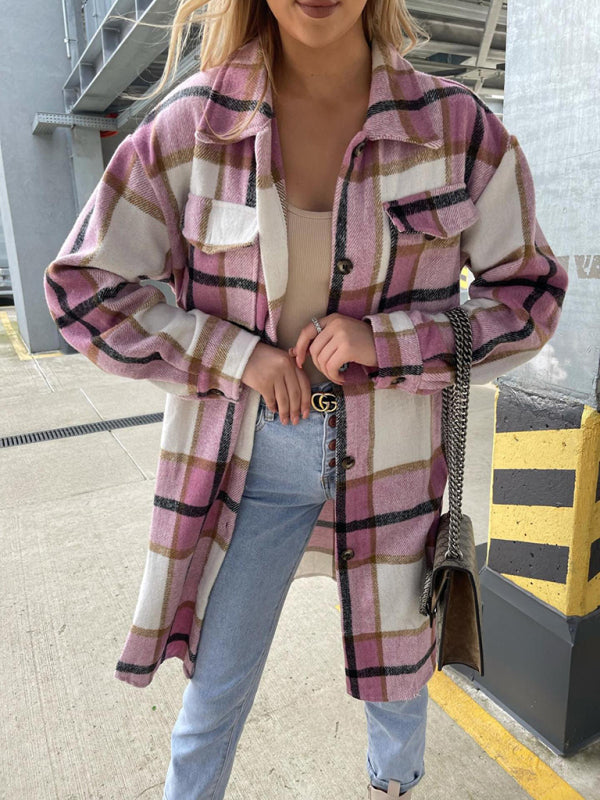 Women’s single-breasted plaid long-sleeved shirt jacket - Pink / S