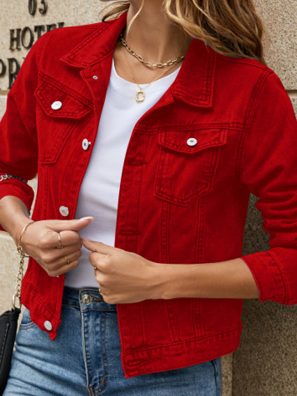 Women’s slim lapel regular denim jacket - Red / S