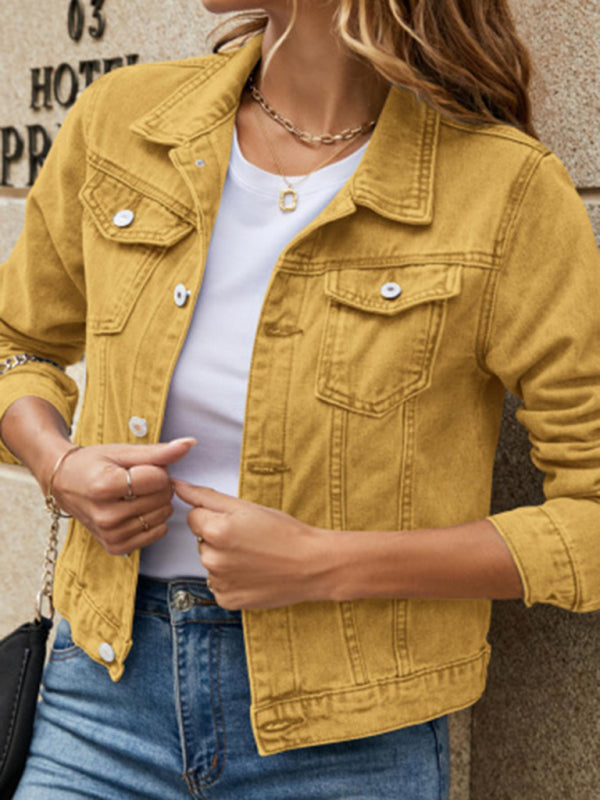 Women’s slim lapel regular denim jacket - Yellow / S