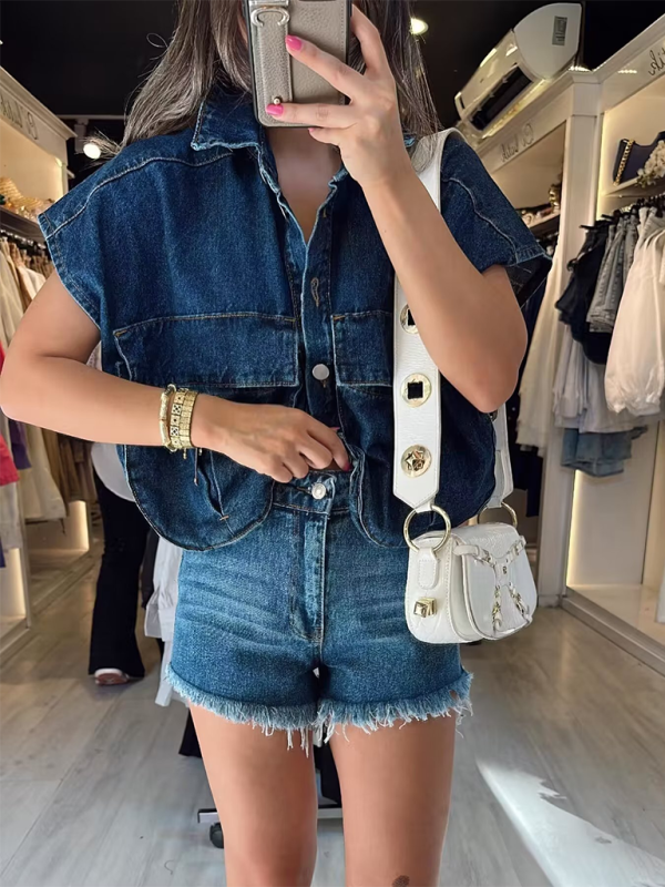 Women’s Solid Color Big Pocket Sleeveless Lapel Shirt Denim Top - Purplish blue navy / S