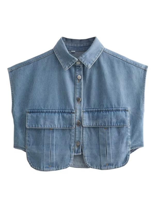 Women’s Solid Color Big Pocket Sleeveless Lapel Shirt Denim Top - Clear blue / S