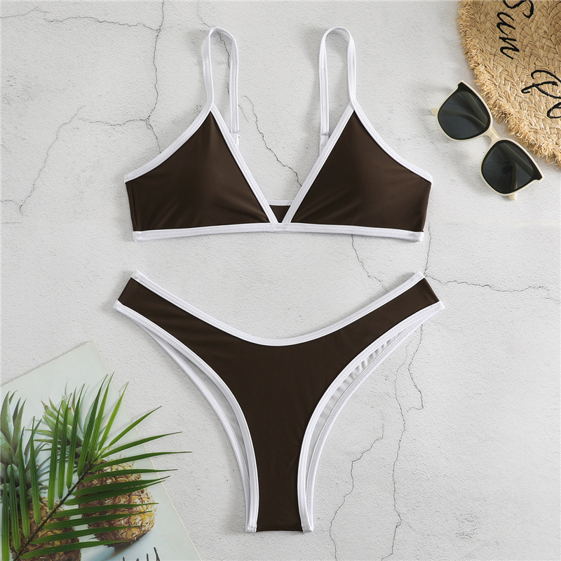 Women’s Solid Color Bikini Sexy Sports Contrast Color Bikini - Coffee / S