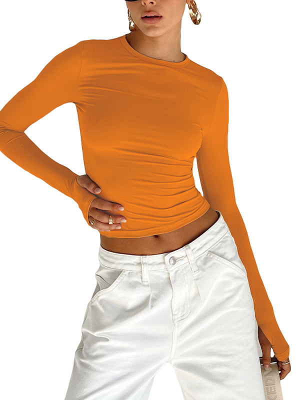 Orange solid color long-sleeved crop top for women, slimming bottoming T-shirt