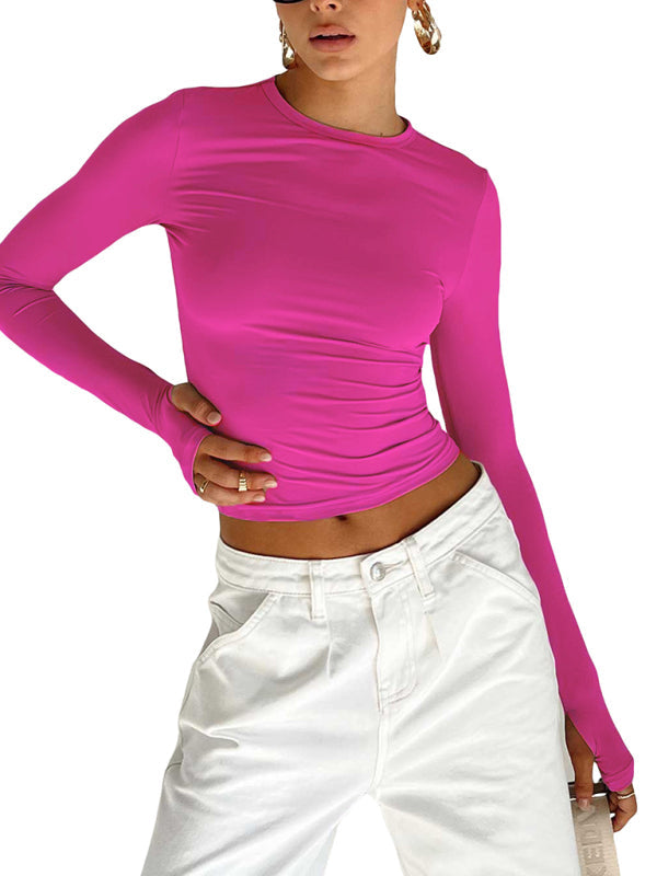 Pink long-sleeved crop top, solid color bottoming T-shirt for stylish women