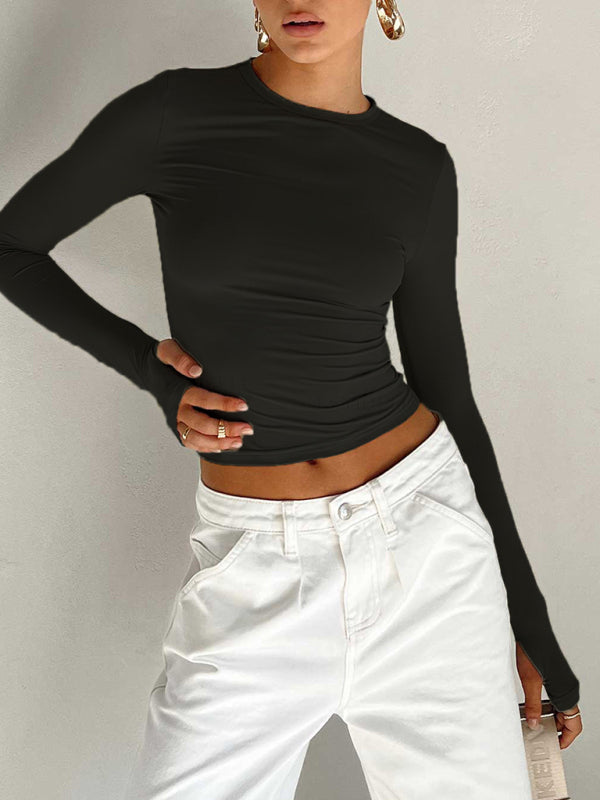 Black long-sleeved solid color bottoming crop top for women’s slim fit style