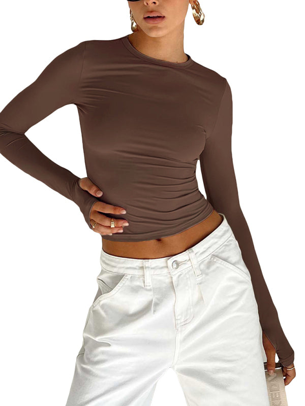 Brown long-sleeved crop top in solid color bottoming style for women’s fashion