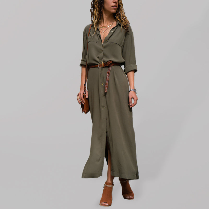 Women’s Solid Color Casual Long Sleeve Shirt Dress - Olive green / M