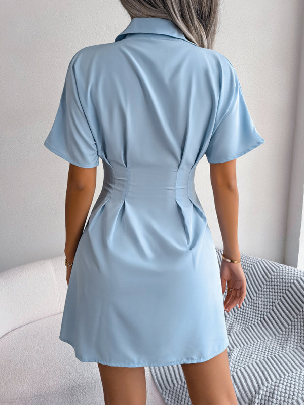 Light blue short-sleeved shirt dress displayed in a women’s casual waist-press style
