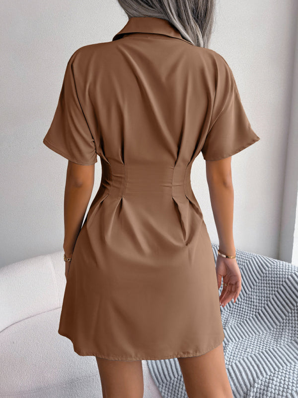 Brown short-sleeved shirt dress with casual waist and press fold detailing
