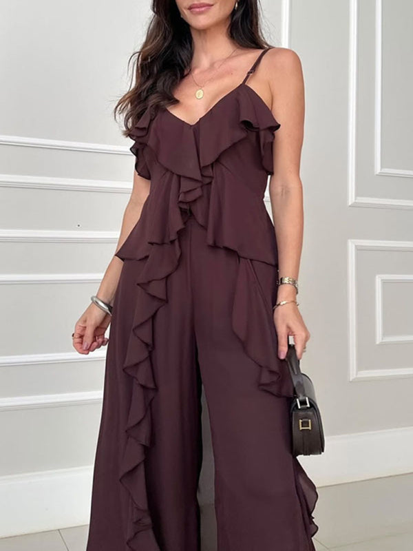 Women’s solid color chiffon V-neck suspenders ruffled straight pants two-piece set