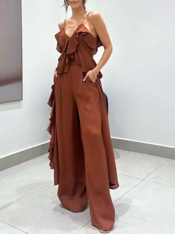 Women’s solid color chiffon V-neck suspenders ruffled straight pants two-piece set - Dark Brown / S