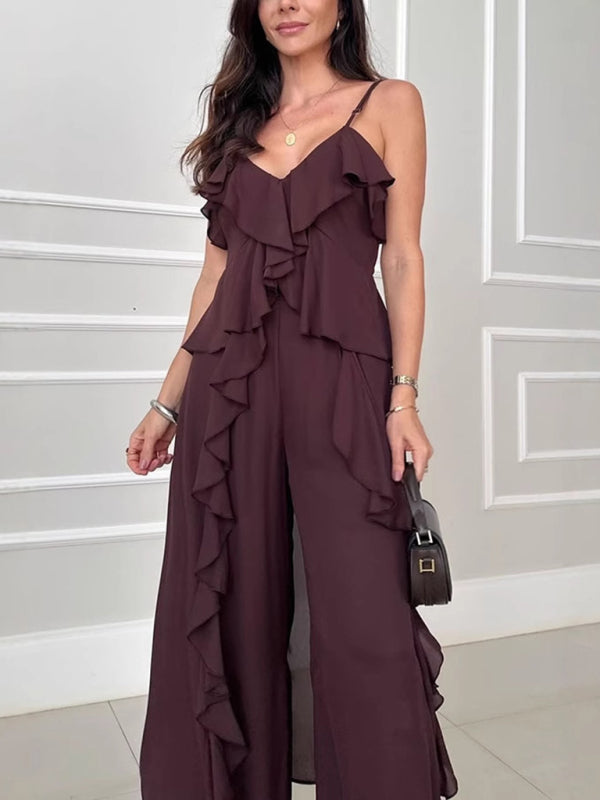 Women’s solid color chiffon V-neck suspenders ruffled straight pants two-piece set - Dark purple / S