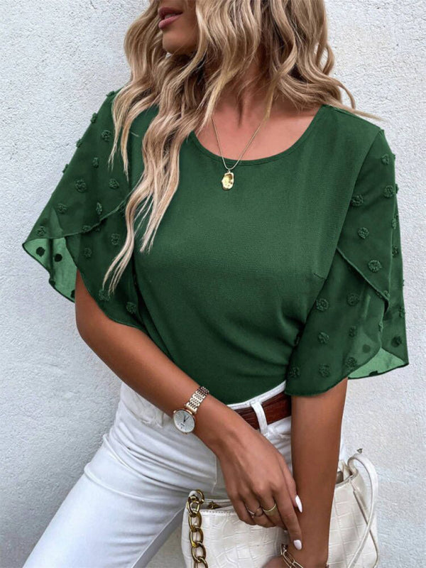 Women’s Solid color lace paneling round neck short sleeve top