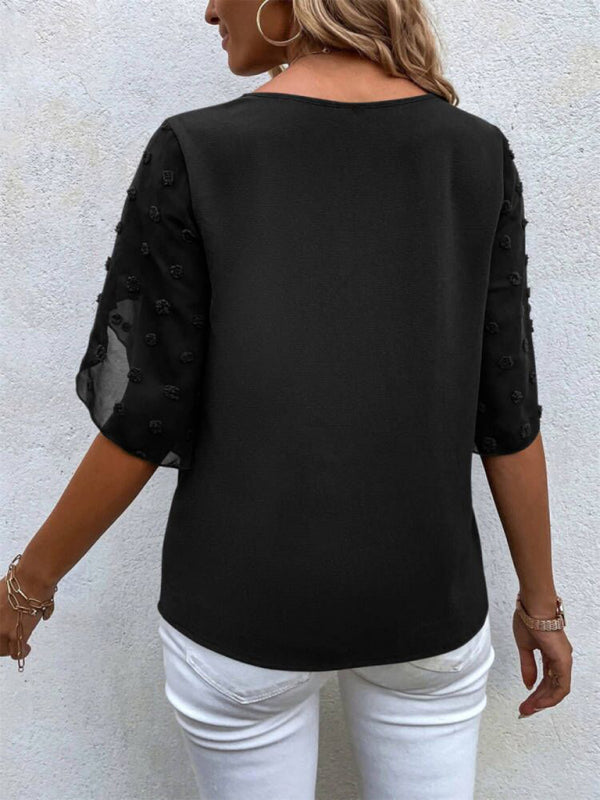 Women’s Solid color lace paneling round neck short sleeve top