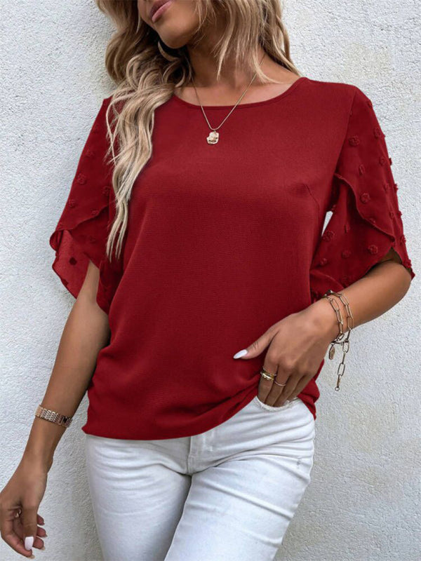 Women’s Solid color lace paneling round neck short sleeve top
