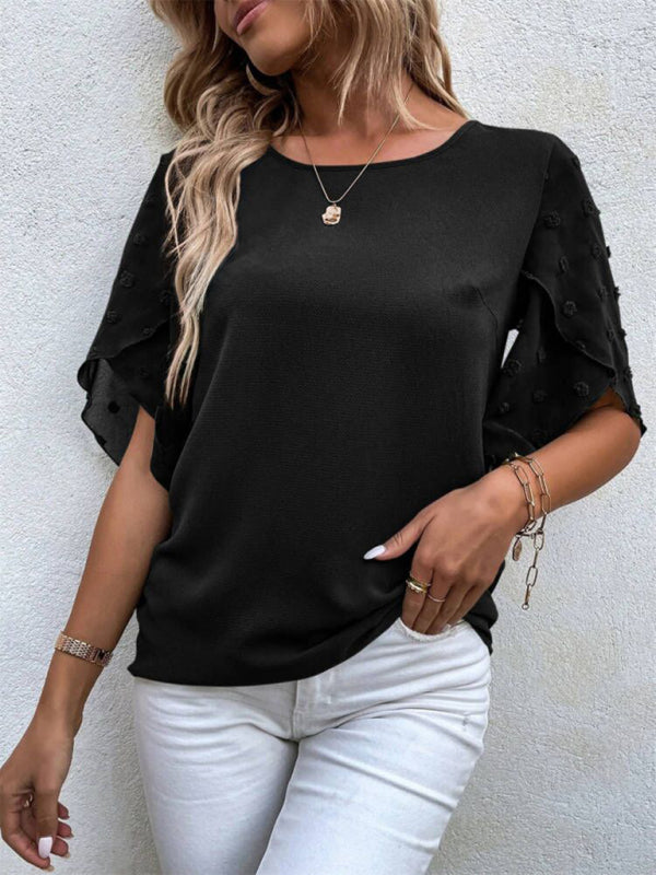 Women’s Solid color lace paneling round neck short sleeve top