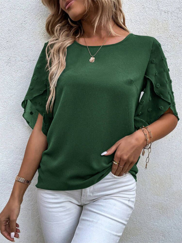 Women’s Solid color lace paneling round neck short sleeve top