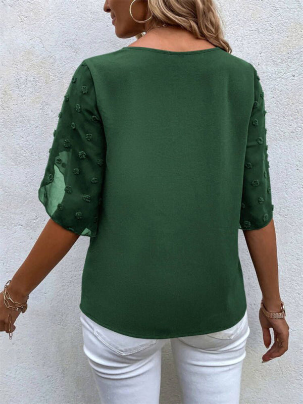 Women’s Solid color lace paneling round neck short sleeve top