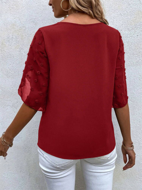 Women’s Solid color lace paneling round neck short sleeve top