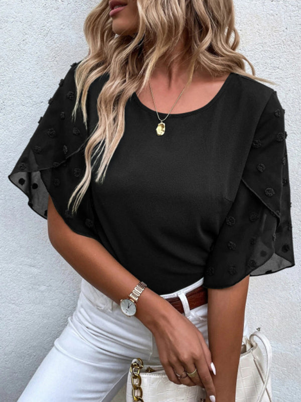 Women’s Solid color lace paneling round neck short sleeve top - Black / S