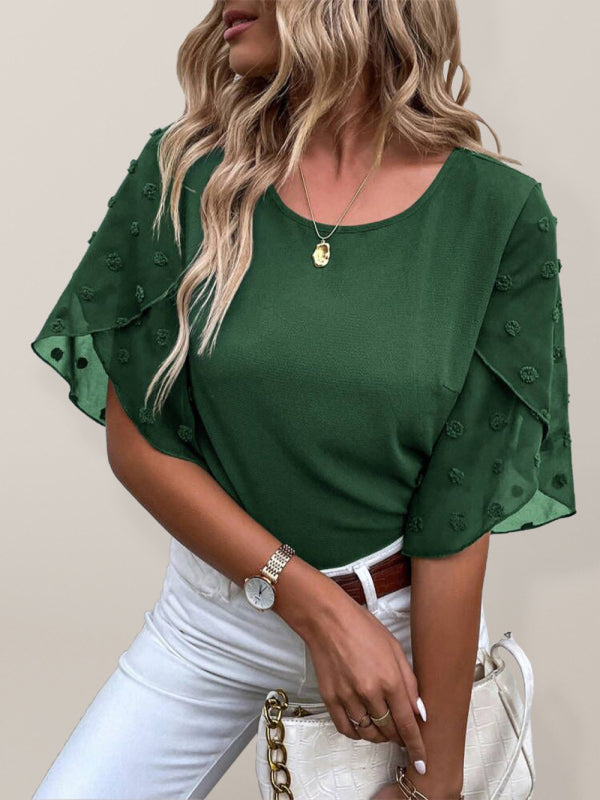 Women’s Solid color lace paneling round neck short sleeve top - Green / S