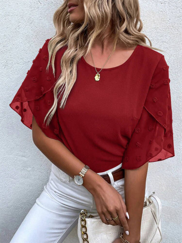 Women’s Solid color lace paneling round neck short sleeve top - Wine Red / S