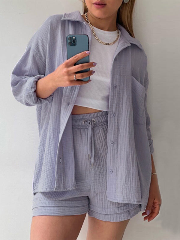 Women’s solid color lapel collar shirt & shorts two-piece sets - Lavender / S