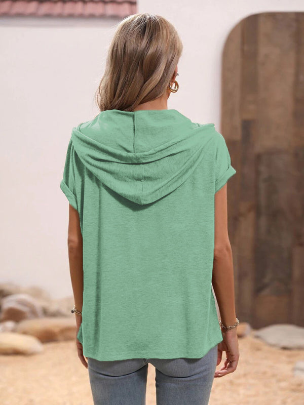 Women’s Solid Color Loose Hooded Button Short Sleeve Top