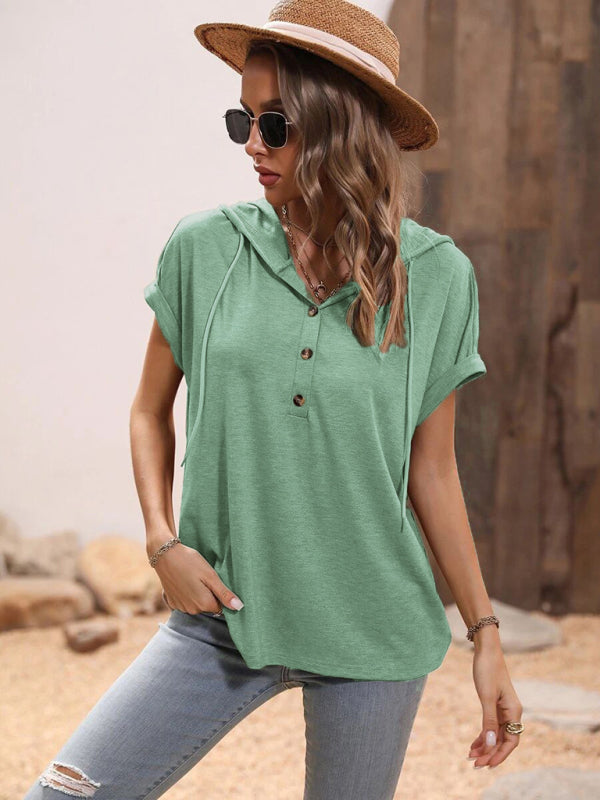 Women’s Solid Color Loose Hooded Button Short Sleeve Top