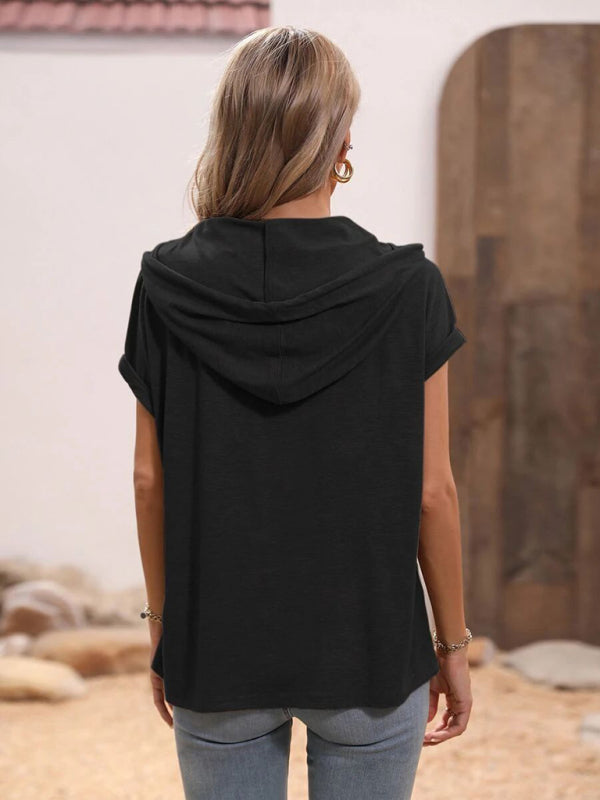 Women’s Solid Color Loose Hooded Button Short Sleeve Top