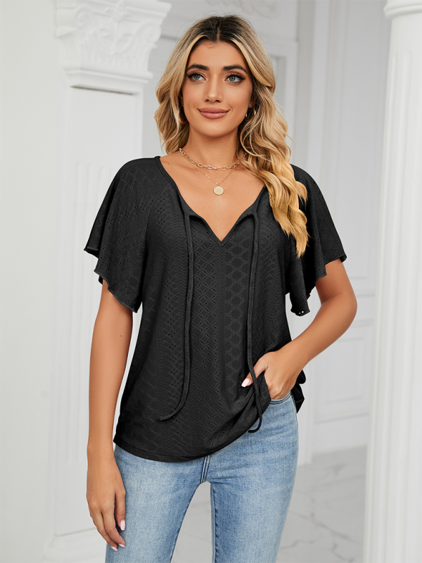 Women’s Solid Color Round Neck Tie Short Sleeve Loose Knit Top
