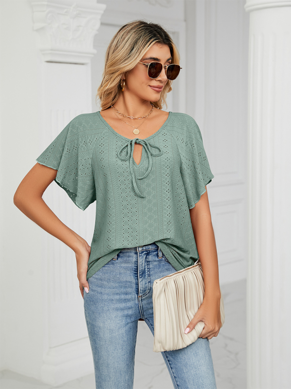 Women’s Solid Color Round Neck Tie Short Sleeve Loose Knit Top