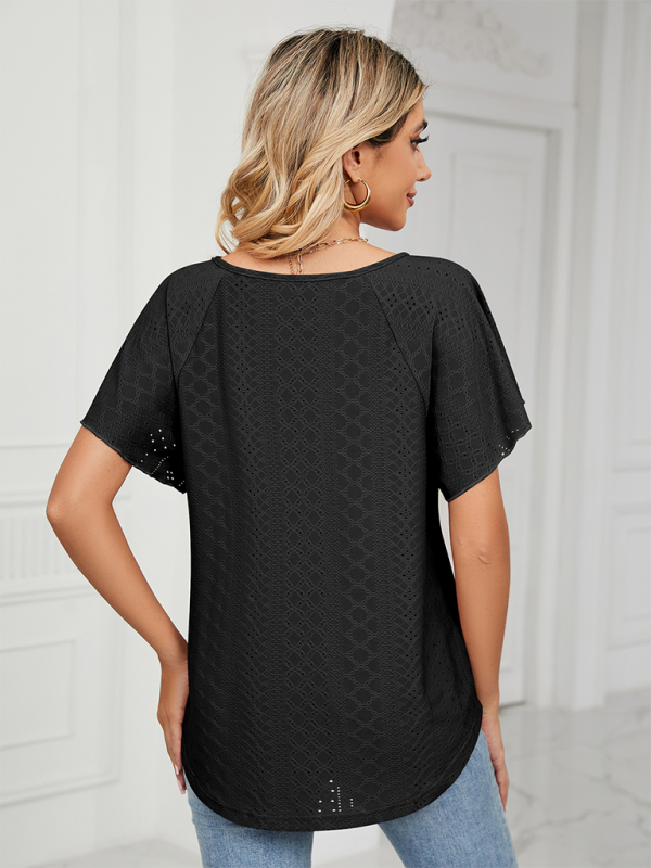 Women’s Solid Color Round Neck Tie Short Sleeve Loose Knit Top