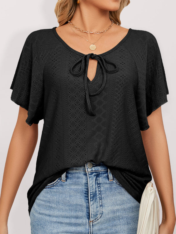 Women’s Solid Color Round Neck Tie Short Sleeve Loose Knit Top - Black / S