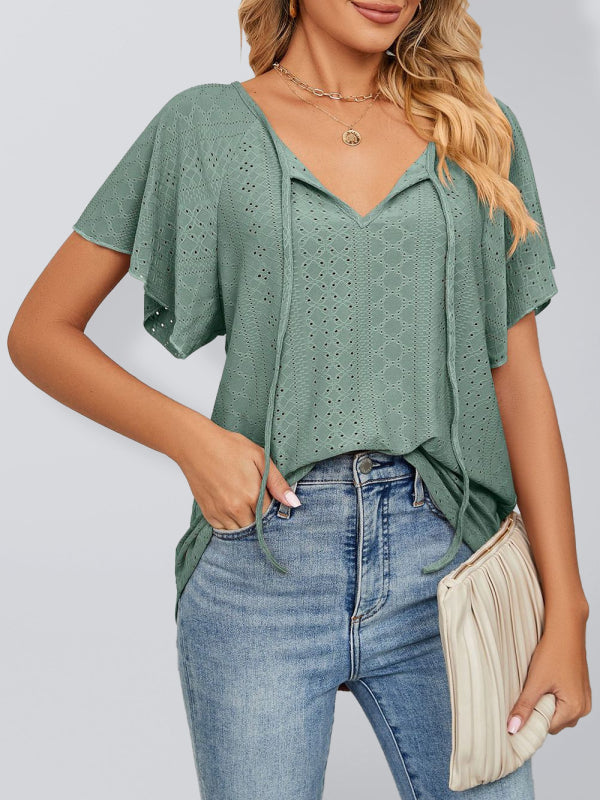 Women’s Solid Color Round Neck Tie Short Sleeve Loose Knit Top - Green / S