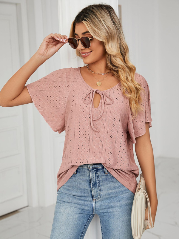 Women’s Solid Color Round Neck Tie Short Sleeve Loose Knit Top - Pink / S