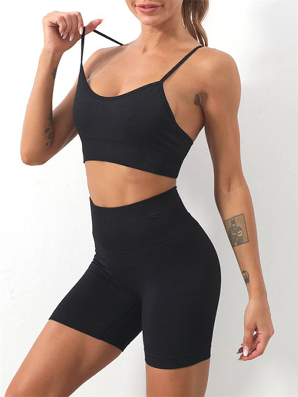 Women’s Solid Color Seamless Camisole Yoga Sports Bra + Shorts Two-Piece Set - Black / S
