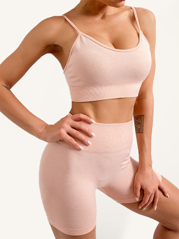 Women’s Solid Color Seamless Camisole Yoga Sports Bra + Shorts Two-Piece Set - Pink / S