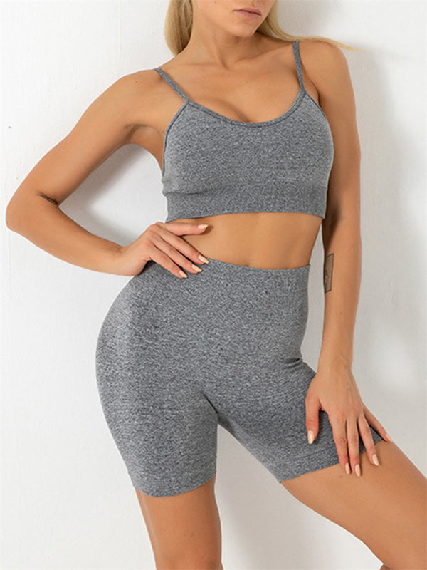 Women’s Solid Color Seamless Camisole Yoga Sports Bra + Shorts Two-Piece Set - Grey / S