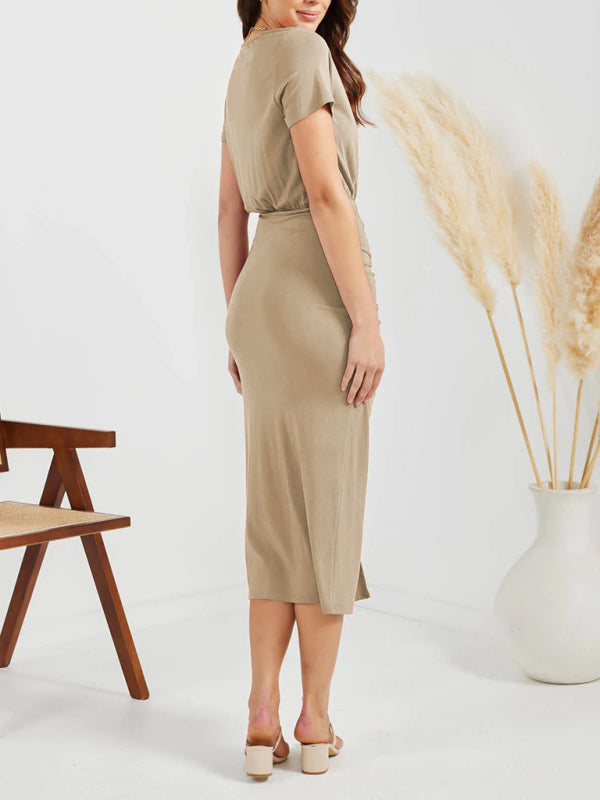 Women’s Solid Color V Neck Short Sleeve Drawstring Slit Dress