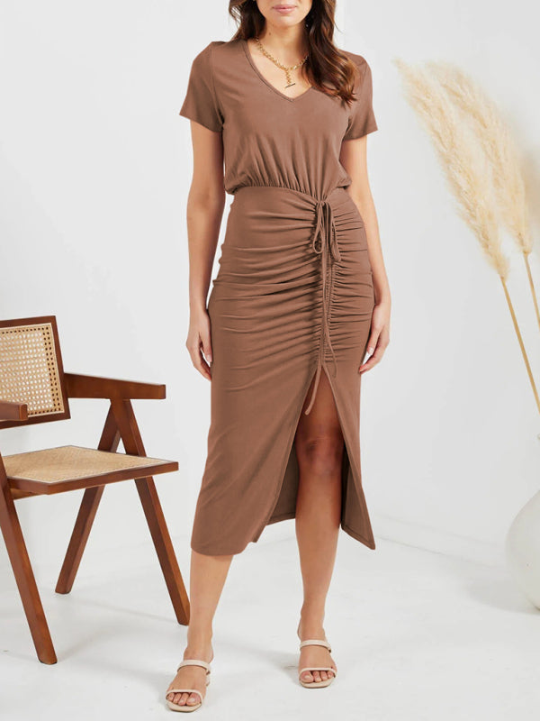 Women’s Solid Color V Neck Short Sleeve Drawstring Slit Dress