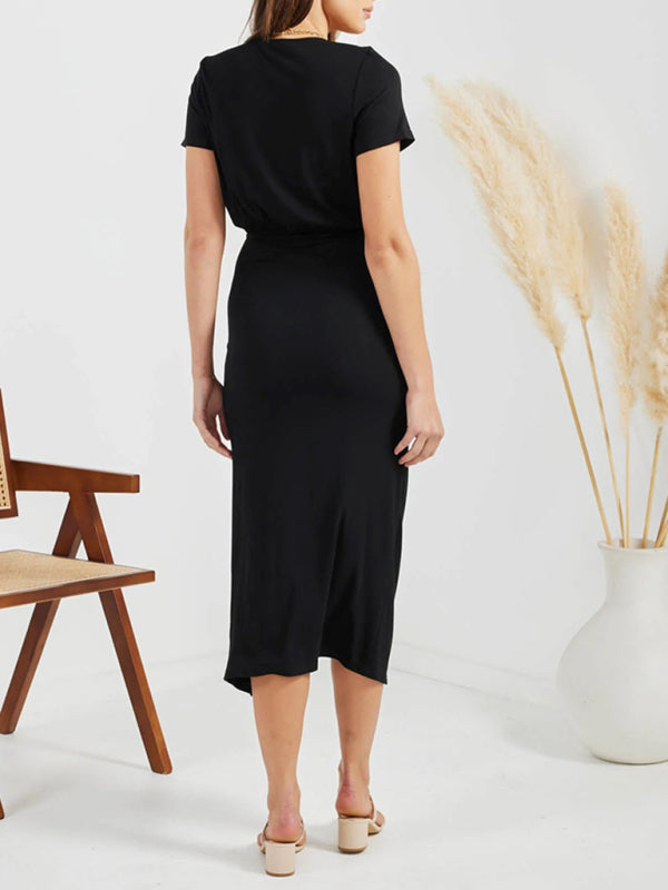 Women’s Solid Color V Neck Short Sleeve Drawstring Slit Dress