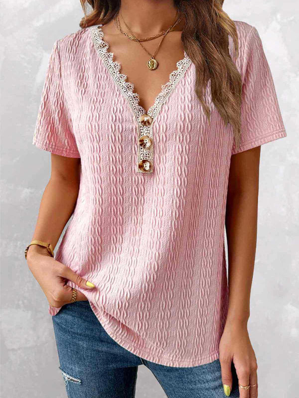 Women’s spring new V-neck lace jacquard loose short-sleeved long top