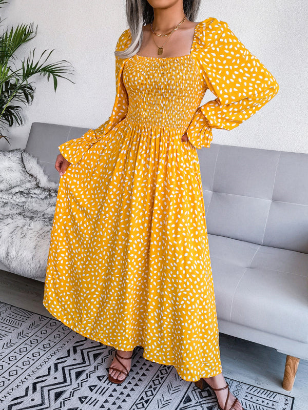 Women’s Square Neck Long Sleeve holiday rayon dress - Yellow / S